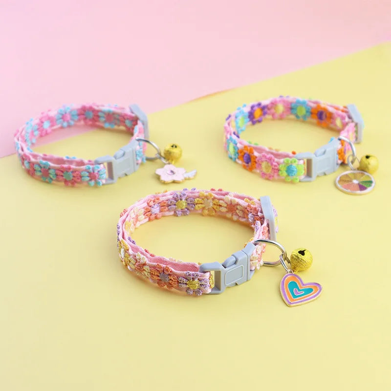 Adjustable Pet Collar with Bell — Colorful Paw Print Cat & Dog Collar Necklace