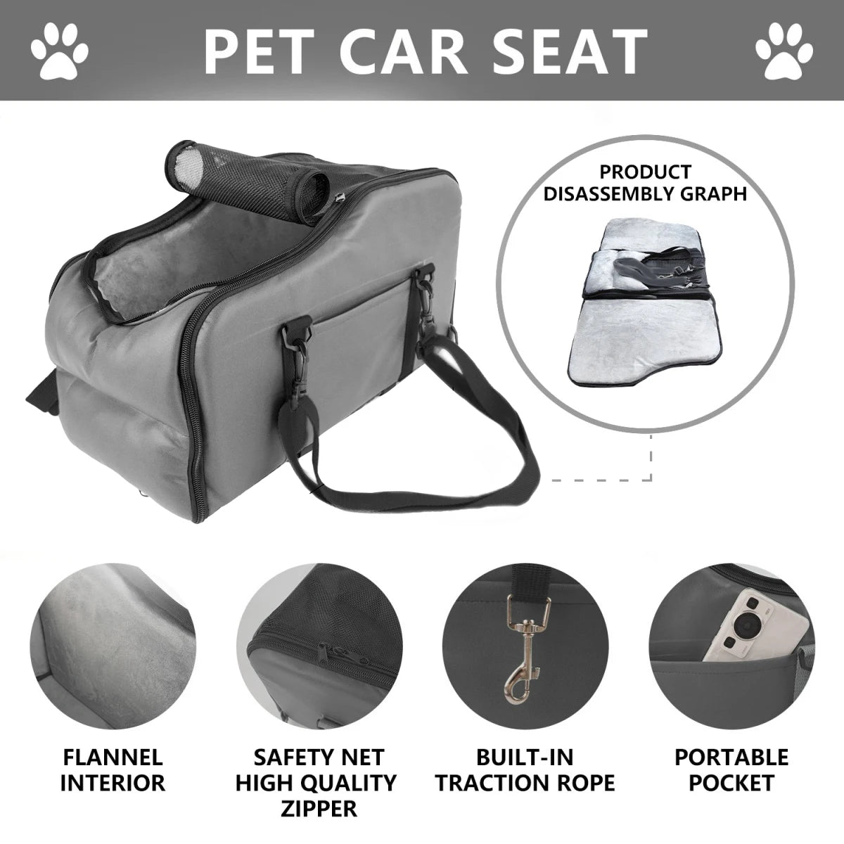 SafePet Console Car Seat - Portable Travel Bed for Dogs & Cats