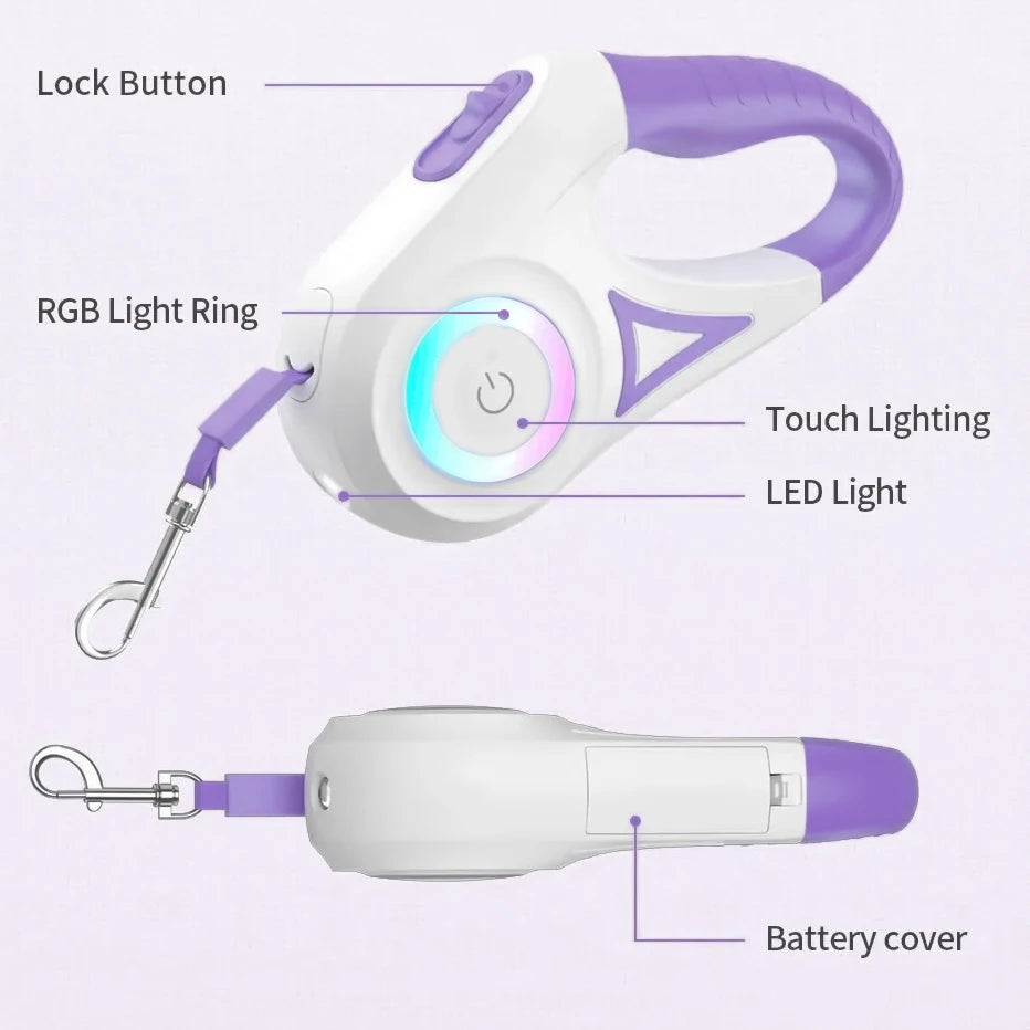 LED Retractable Pet Leash — Reflective Design with Built-In Light